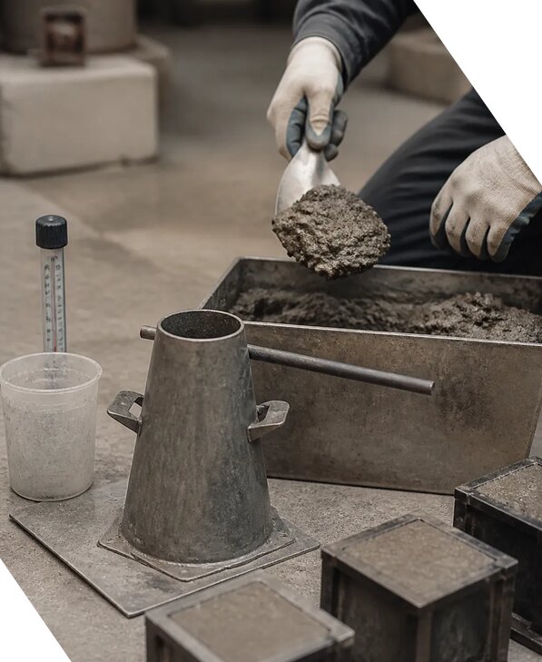 Испытание бетонной смеси в строительной лаборатории в Мелеузе